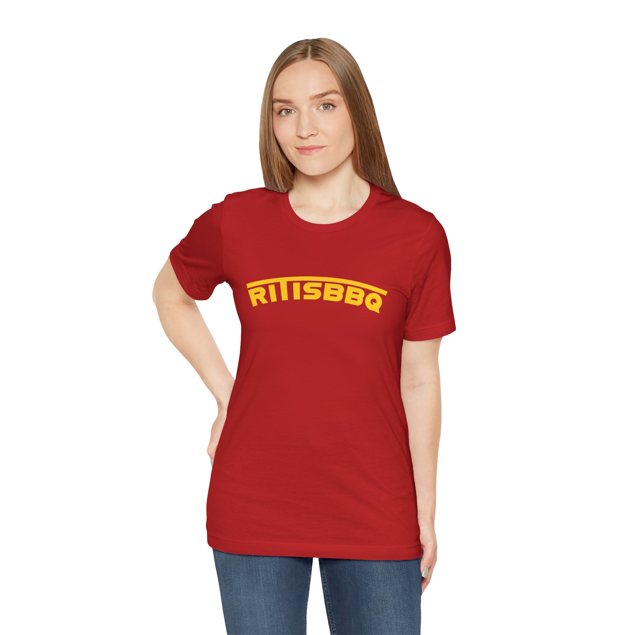 RITISBBQ Yellow Arch Text Unisex Jersey Short Sleeve Bella+Canvas 3001 Tee - Image 45