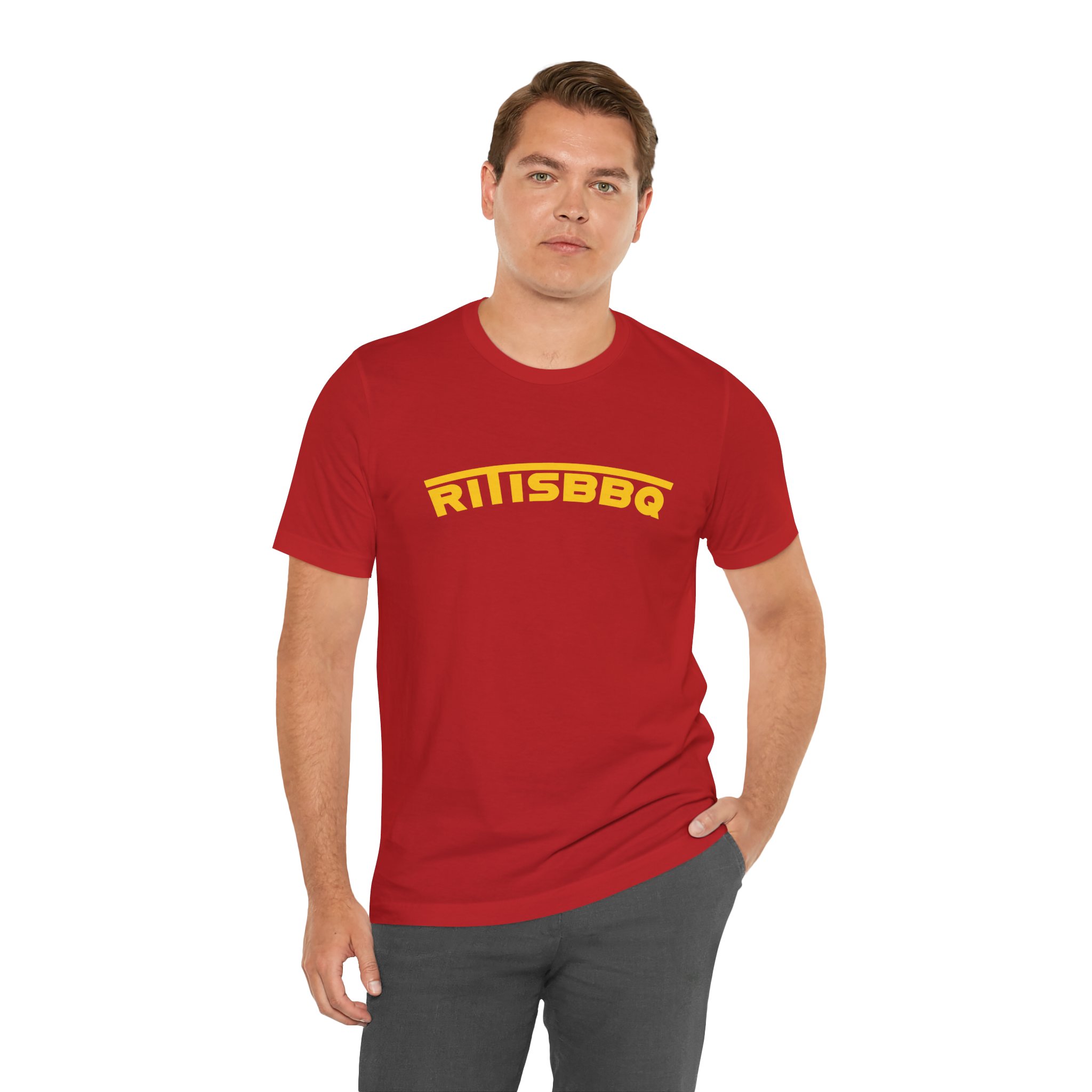 RITISBBQ Yellow Arch Text Unisex Jersey Short Sleeve Bella+Canvas 3001 Tee - Image 46