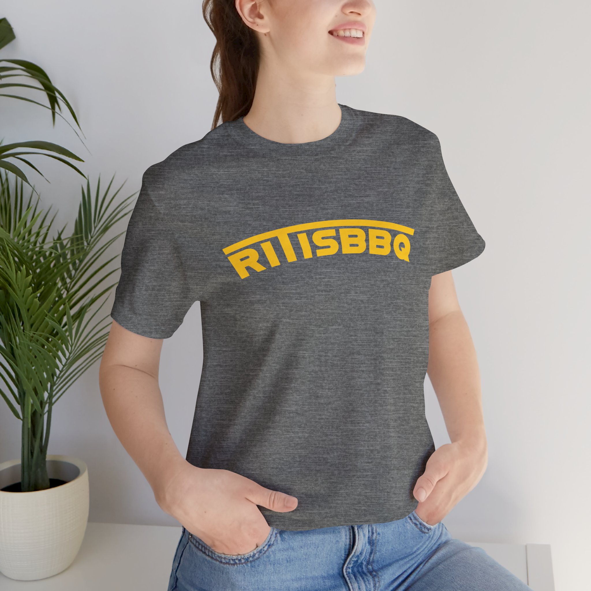 RITISBBQ Yellow Arch Text Unisex Jersey Short Sleeve Bella+Canvas 3001 Tee - Image 15