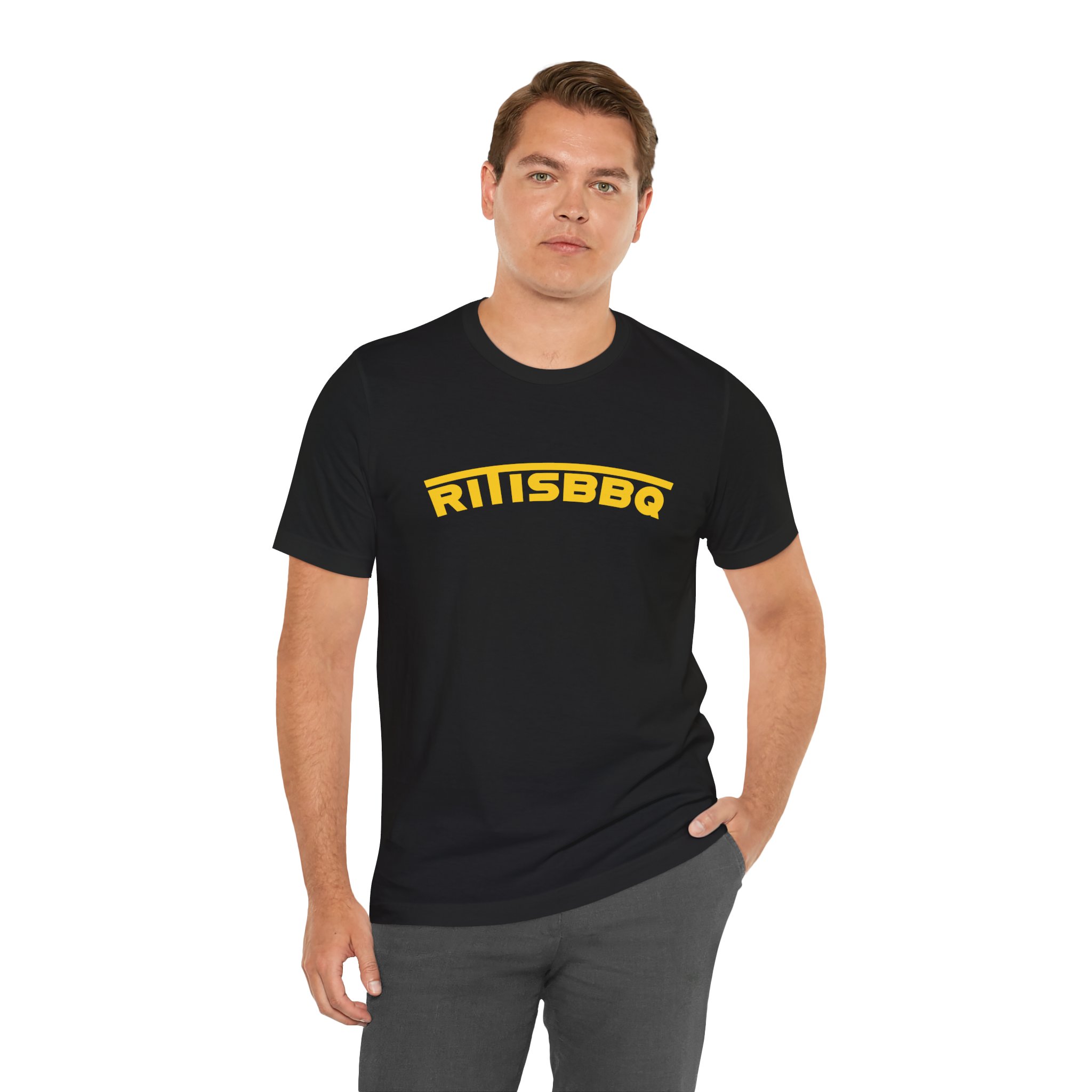 RITISBBQ Yellow Arch Text Unisex Jersey Short Sleeve Bella+Canvas 3001 Tee - Image 26