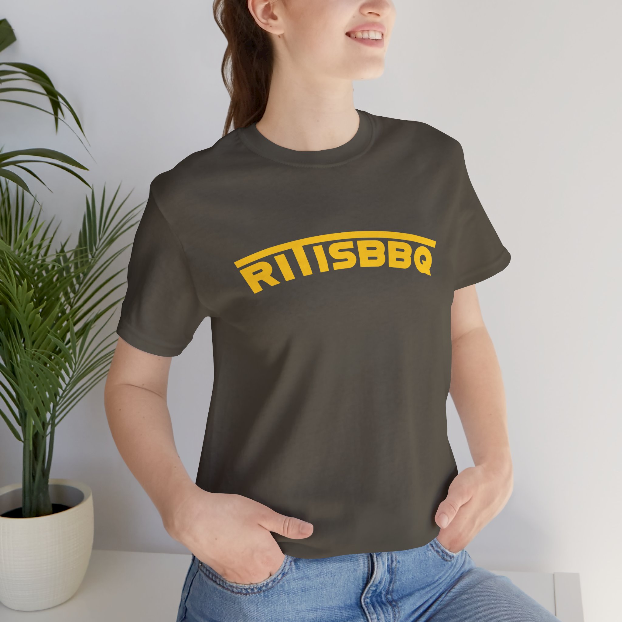 RITISBBQ Yellow Arch Text Unisex Jersey Short Sleeve Bella+Canvas 3001 Tee - Image 37