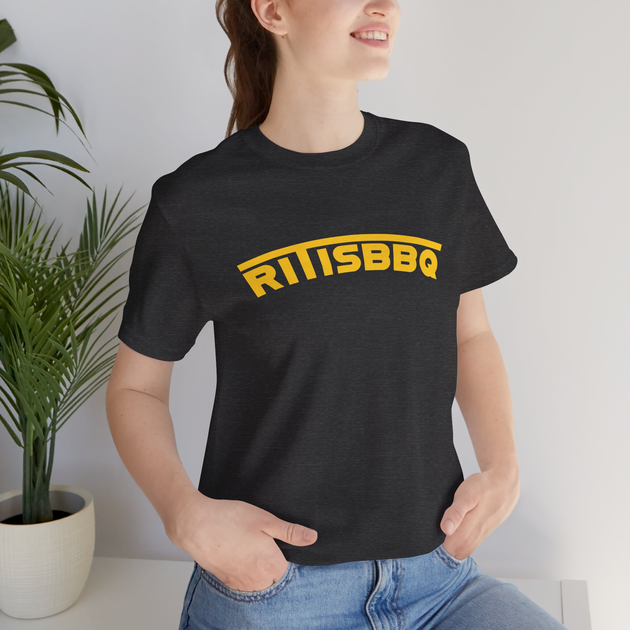 RITISBBQ Yellow Arch Text Unisex Jersey Short Sleeve Bella+Canvas 3001 Tee - Image 7