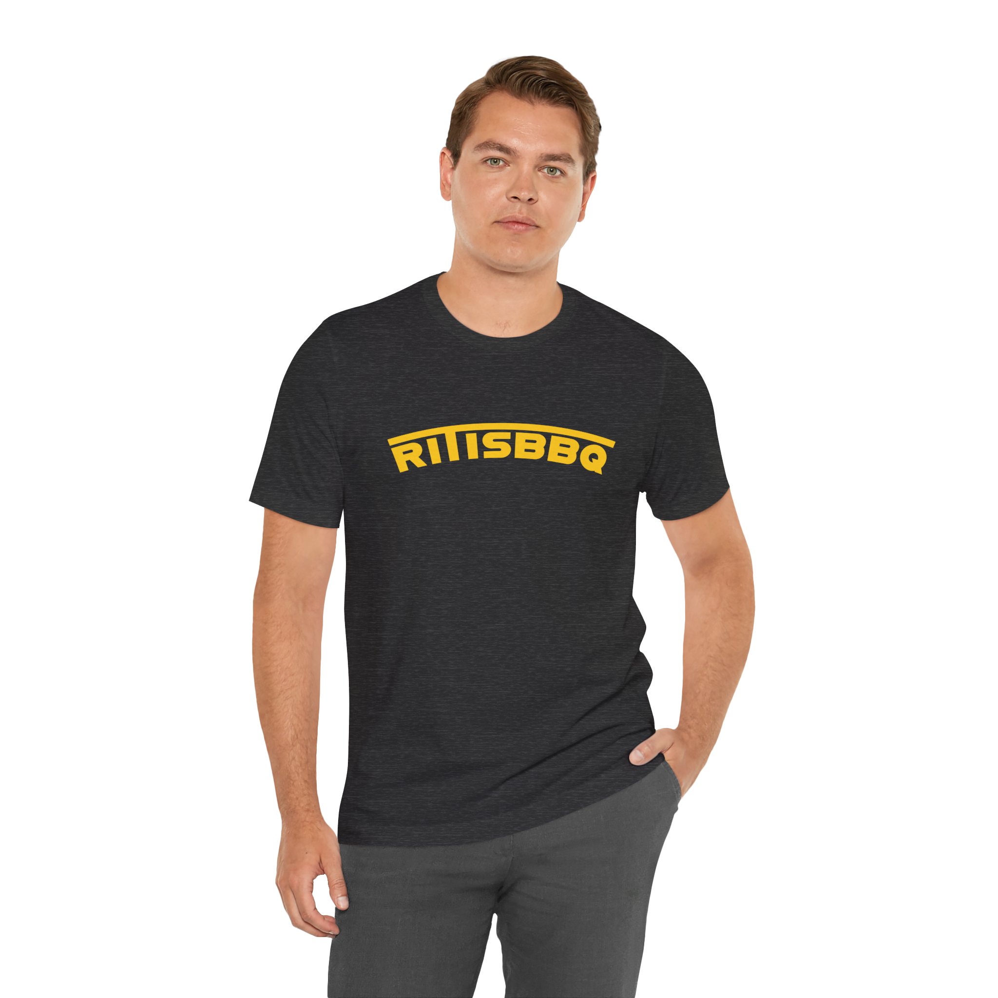 RITISBBQ Yellow Arch Text Unisex Jersey Short Sleeve Bella+Canvas 3001 Tee - Image 6